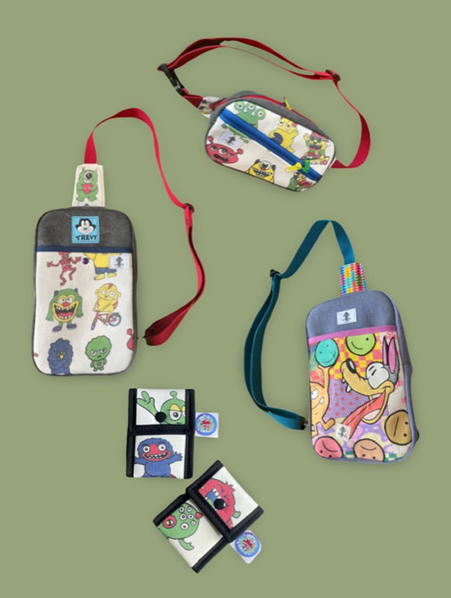 1/1 bag capsule with @trevymetal. Trevy t-shirts and screen prints from back pockets, cut, collaged and sewn into five functional pieces.